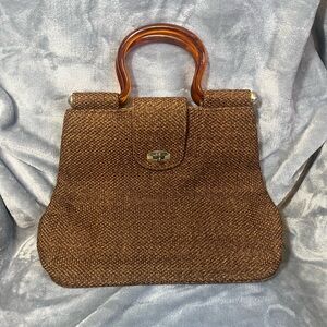 Antique Brown Tweed Handbag with Orangey Handles